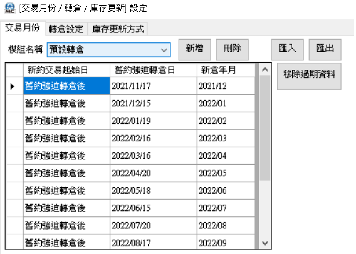 [交易月份／轉倉／庫存更新] 設定視窗的「交易月份」分頁，列出各商品的舊約強迫轉倉日與新倉年月