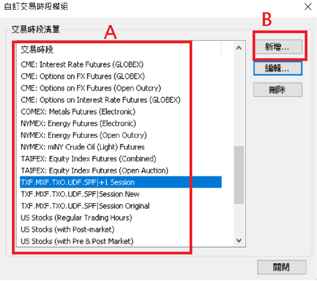 「自訂交易時段模組」視窗：左邊(A)是交易時段清單，右邊(B)按「新增」可以自建新的時段。