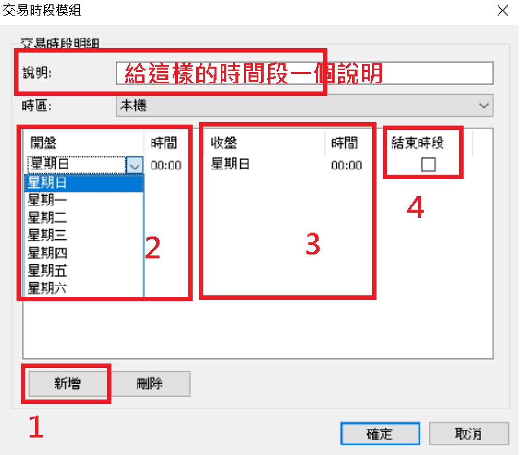 新增交易時段的畫面：先在「說明」填寫這組時段的用途，1.按新增新增一列 2.設定開盤星期/時間 3.設定收盤星期/時間 4.勾選「結束時段」代表這是當天最後一段。